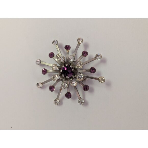 Vintage Atomic Starburst Rhinestone Brooch With Purple & Clear Stones Pinback - Picture 2 of 5